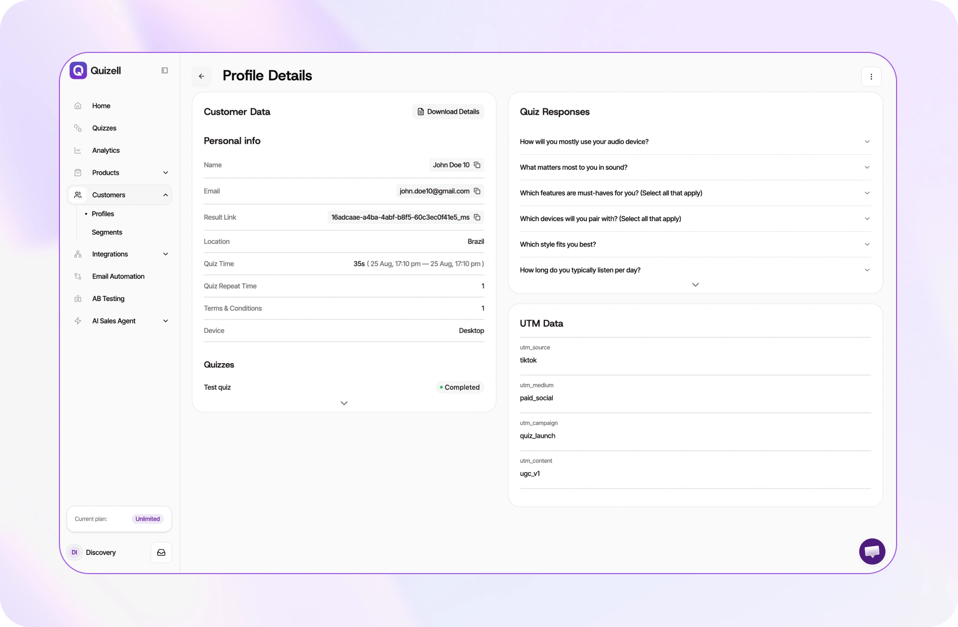 Customer profile in Quizell showing quiz answers next to the shopper's event timeline and UTM traffic source